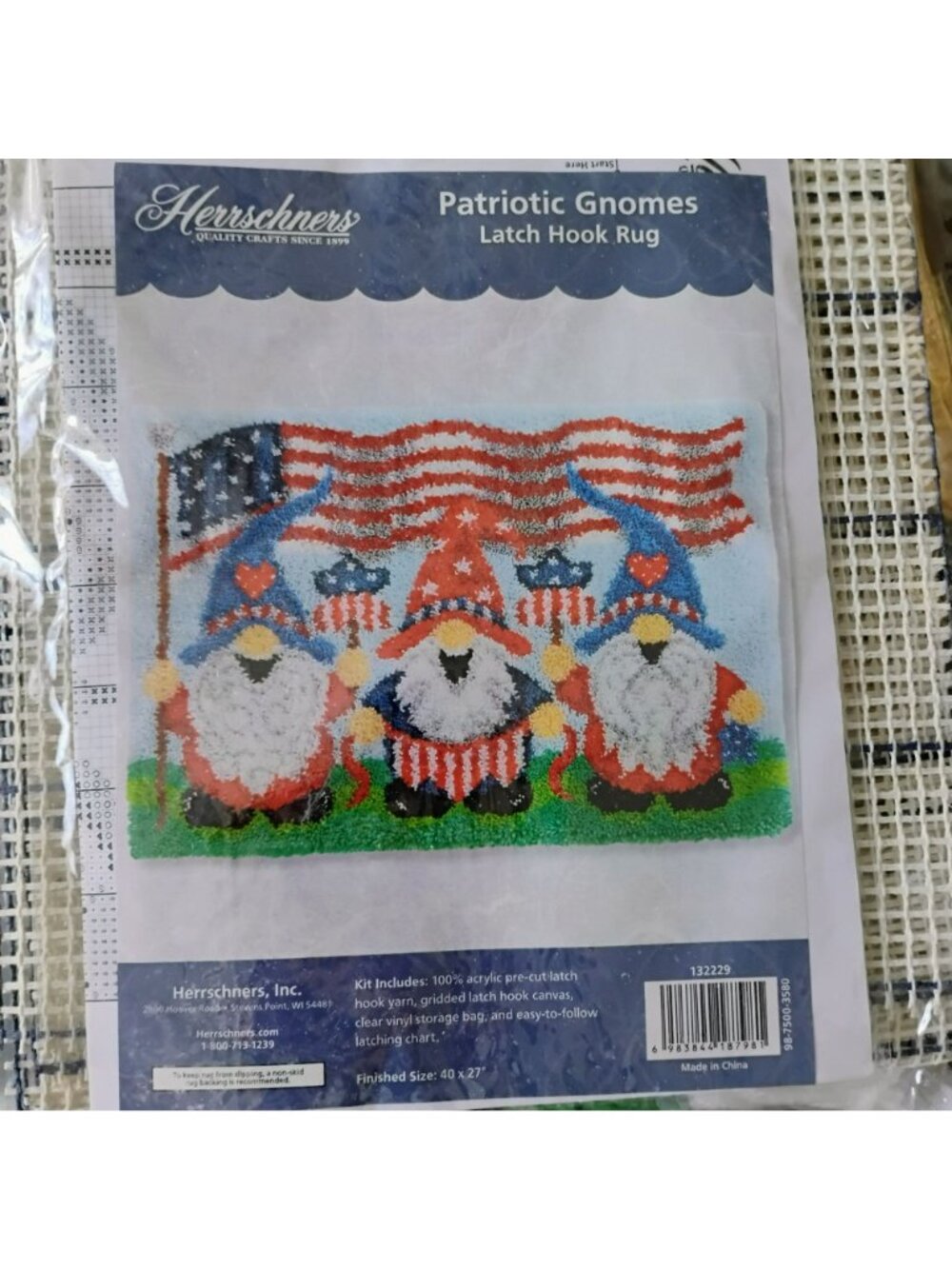 Patriotic Gnomes Latch Hook Rug Craft Kit 40" x 27" Herrschners July 4th Decor - Picture 10 of 10